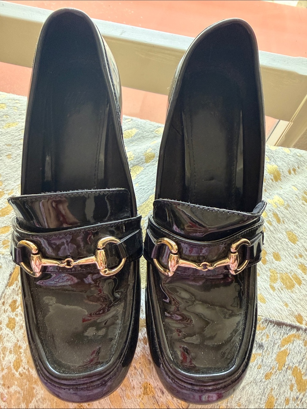 H&M Black Patent Loafers with Gold Bit Detail. 38
